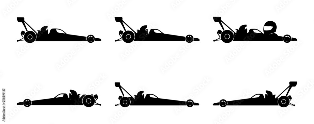 Obraz premium Formula 1 Racing Car Icons, Speeding Vehicle Silhouettes, Motorsport Driver Graphics, Black and White Vector Set