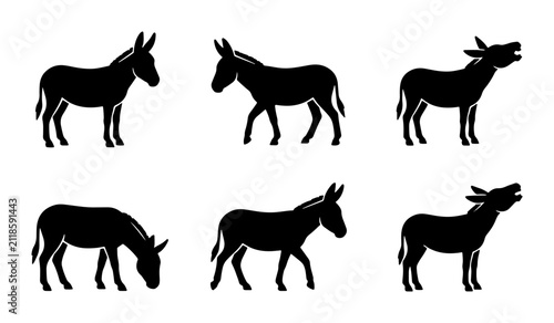 Quadro su tela Six Silhouette Donkey Icons, Farm Animal Vector Set, Rural Livestock Graphics, E