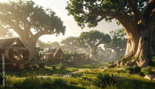 Serene village landscape with ancient trees.
