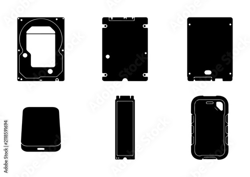 Vector Icons Set: Computer Hardware, Storage Devices, and Mobile Phone Accessories, Black Silhouettes for Tech Design