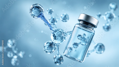 Futuristic biomedical vaccine vial and molecular structure in a clean blue scientific environment with advanced biotechnology concept
