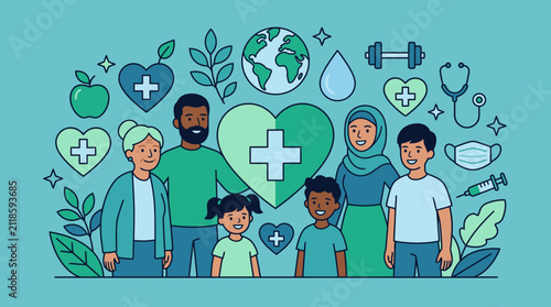 Diverse family and community health vector illustration with medical, wellness, and lifestyle icons on a blue background