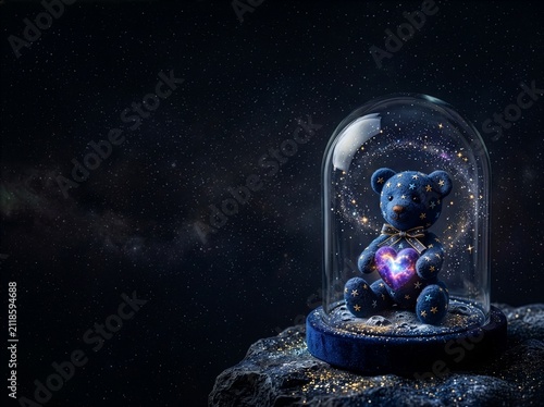 Space teddy bear with stars in glass dome holding glowing heart on meteorite rock, 3D render