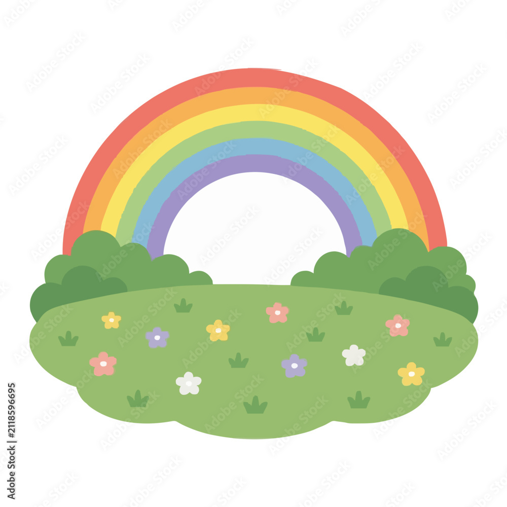 Obraz premium Hand-traced vector illustration of a colorful rainbow arching over a lush green meadow with bushes, tiny flowers, and grass, isolated on white background