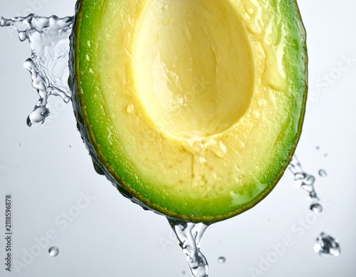 Vibrant green avocado half, refreshed by crystal-clear water splashes, symbolizing natural vitality and wholesome nutrition for a healthy lifestyle