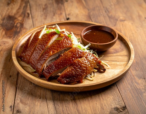 Sliced crispy roasted duck breast served with dipping sauce and bean sprouts on wooden plate over wooden background