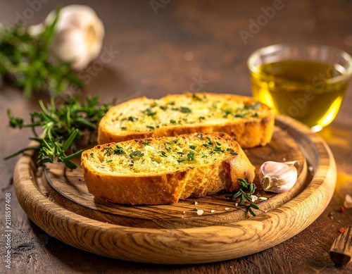 Delicious Garlic Bread Slices Toasted with Herbs and Olive Oil on a Wooden Board, Ready to Eat