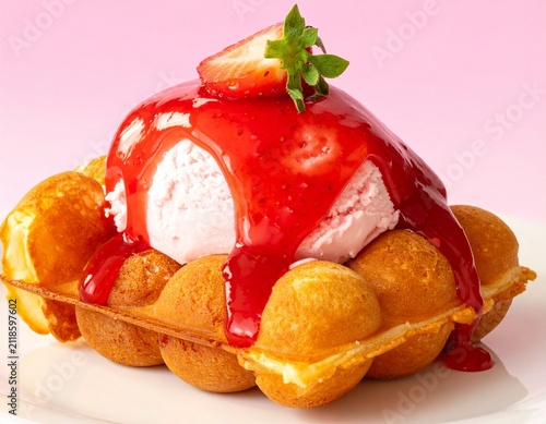 Delicious Hong Kong style bubble waffle with strawberry ice cream and red berry sauce