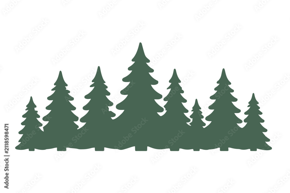 Fototapeta premium Silhouette vector illustration of a row of pine trees in dark green forest arrangement, hand-traced flat design nature icon for outdoor and wildlife themes