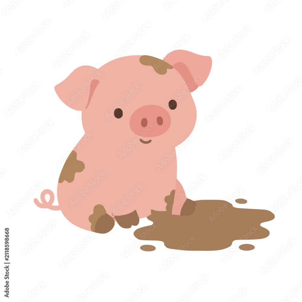 Fototapeta premium Adorable hand-traced vector illustration of a smiling pink piglet sitting beside a muddy brown puddle, flat cartoon style with charming mud splatters on its body, isolated on white background,