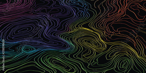 Abstract rainbow topographic map lines on dark background with topographic gradient abstract background visualization geography cartography geometric colorful spectrum technology elevation
