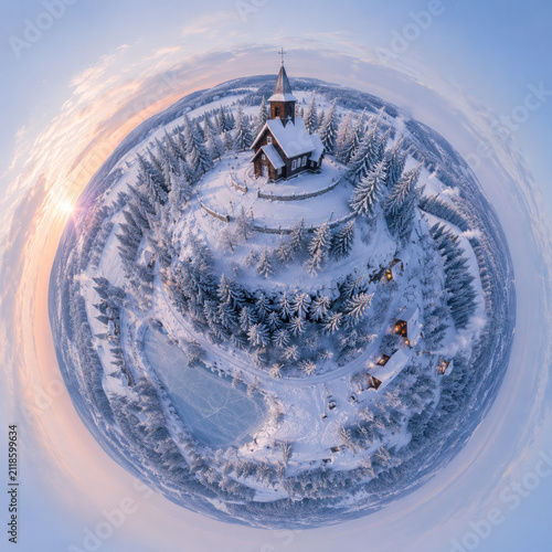 Christianity Seen as Tiny Planets – Scandinavian Wooden Church on a Snow Covered Miniature World at Winter Sunrise
