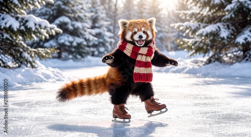 Red Panda Wearing Scarf and Ice Skates on Frozen Pond