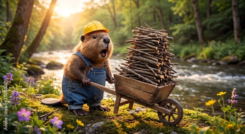 Beaver in Hard Hat and Overalls Pushing Wheelbarrow of Sticks Near River