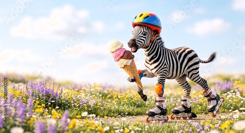 Zebra on rollerblades holding ice cream cone in flower field