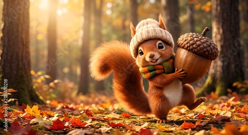 Squirrel wearing hat and scarf carrying acorn in forest