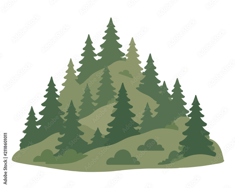 Obraz premium Stylized hand-drawn vector illustration of a lush pine forest scattered across rolling green hillsides with bushes, perfect for nature, outdoor, and eco-themed design projects