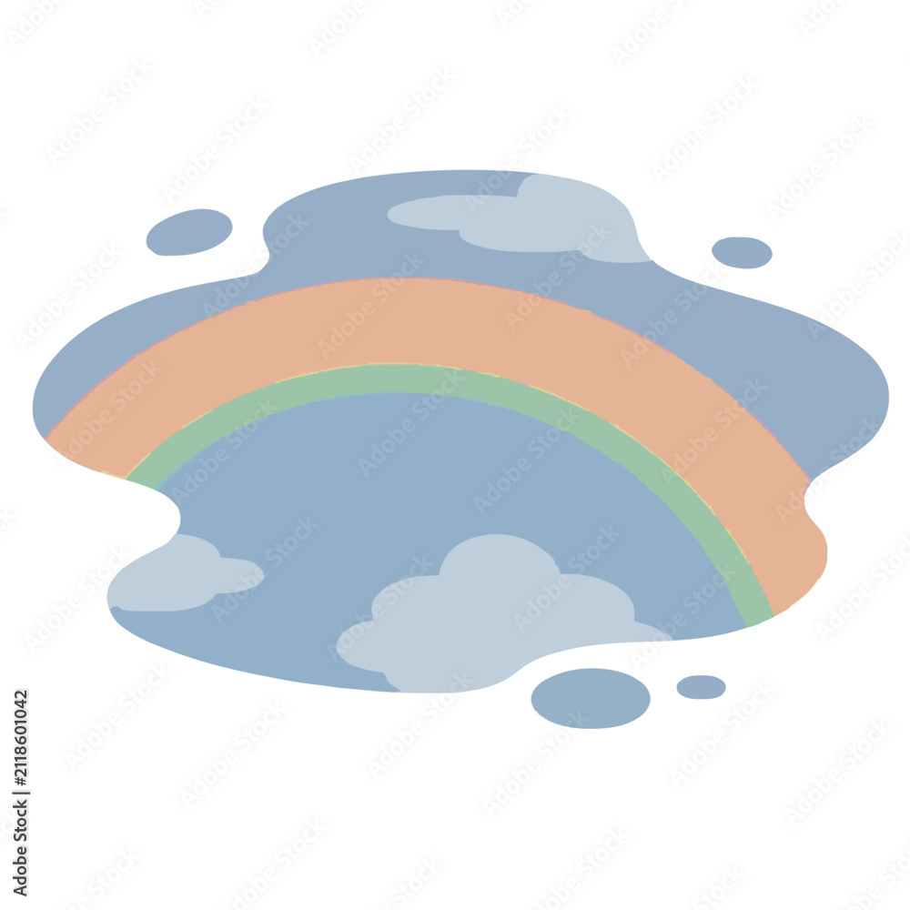 Obraz premium Flat vector illustration of a colorful pastel rainbow arching over a serene puddle with soft clouds and raindrops, depicting a magical reflection scene after gentle rainfall in dreamy sky landscape