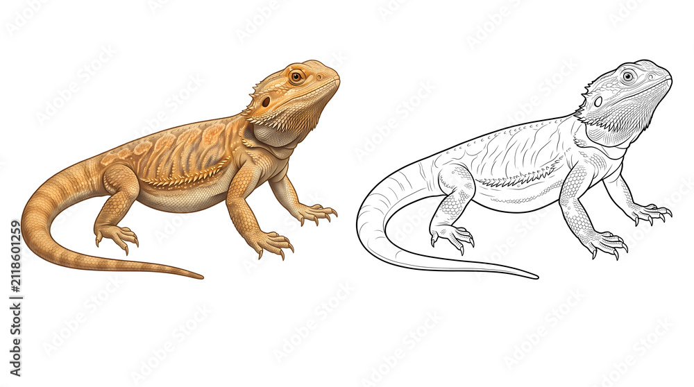 Fototapeta premium Bearded Dragon Comparison: A side-by-side comparison showcasing a colorful, realistic illustration of a bearded dragon next to its detailed, black-and-white line art counterpart.