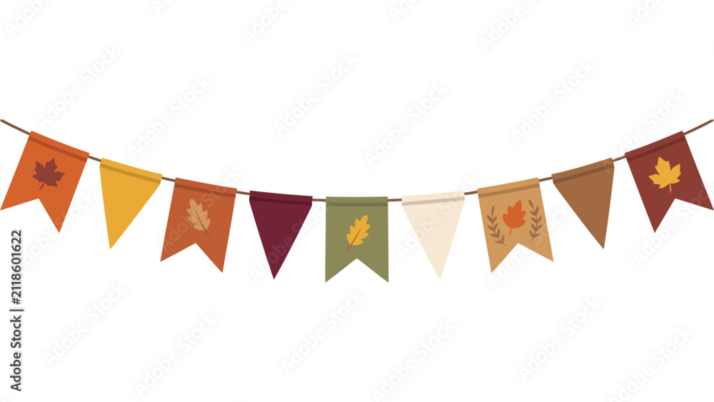 Fototapeta premium Autumn bunting flags with fall leaves. Thanksgiving party garland for seasonal decoration.