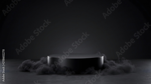 Minimalist black pedestal surrounded by swirling smoke on dark floor