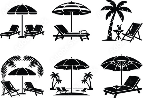Beach Furniture Silhouettes Deck Chairs Umbrellas And Palm Trees On White