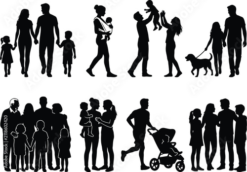 Family Silhouettes Collection Black Vector Illustration On White Background