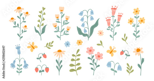 Set of summer abstract hand drawn flowers. Cute floral doodle elements, wildflower and garden, camomile, strawberry, plants, leaves and herb. Beautiful blooming meadow flowers. Vector illustration.