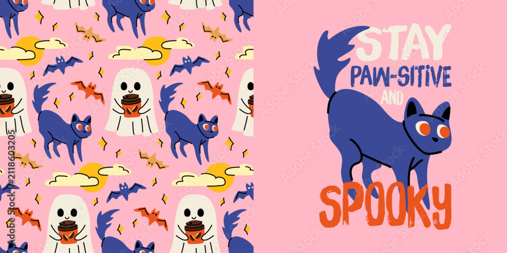Naklejka premium Spooky cat and ghost hand drawn vector sticker and seamless pattern set for Halloween decor