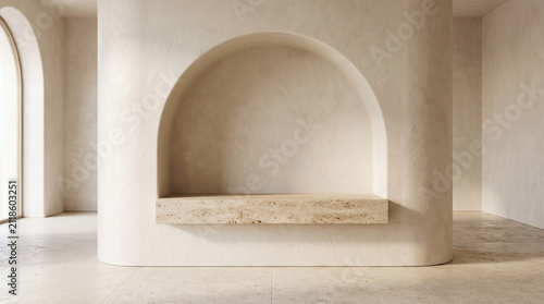 Luxury minimalist architectural interior. Modern beige stone arch with empty display niche.