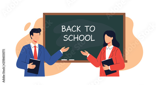 Male and female teachers standing in front of a blackboard with Back to School writing welcome students back.