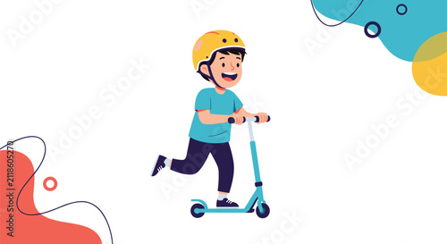 Active boy wearing a yellow safety helmet rides a blue scooter against a background of abstract colorful shapes.