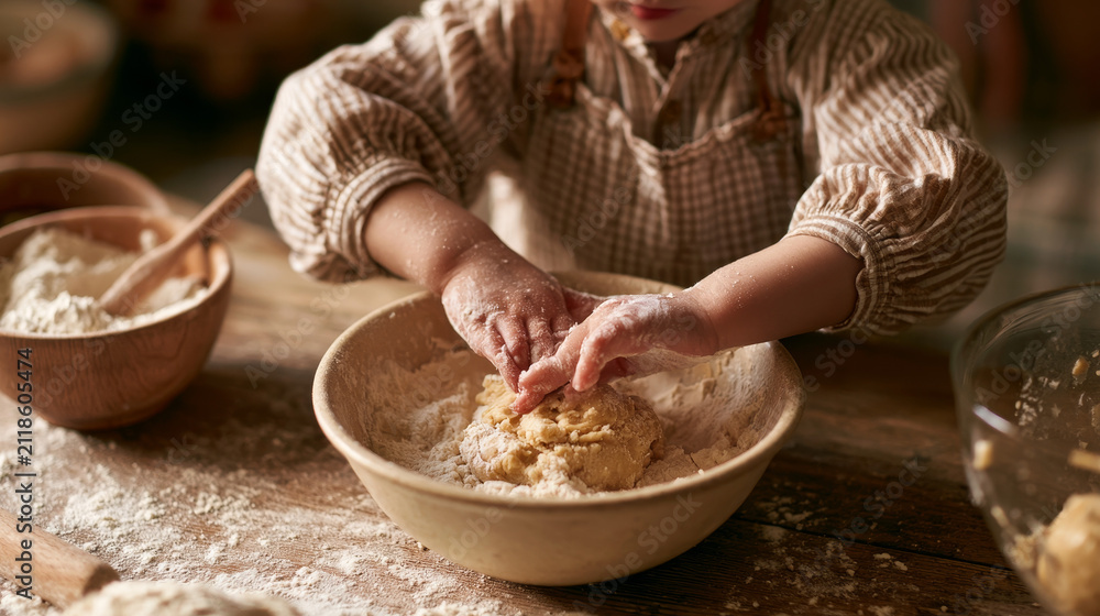 Fototapeta premium Close-Up of Child Mixing Dough in Bowl on Wooden Table, Baking at Home