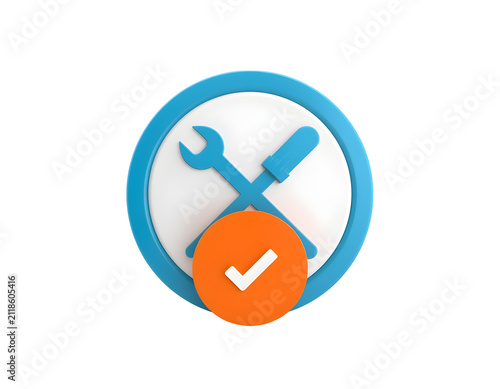 Crossed wrench and screwdriver tool icon featuring a vibrant orange checkmark overlay rendered in a smooth rounded 3d style design