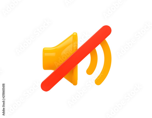 Mute symbol featuring a glossy yellow speaker icon crossed out by a bold red diagonal line on white background surface