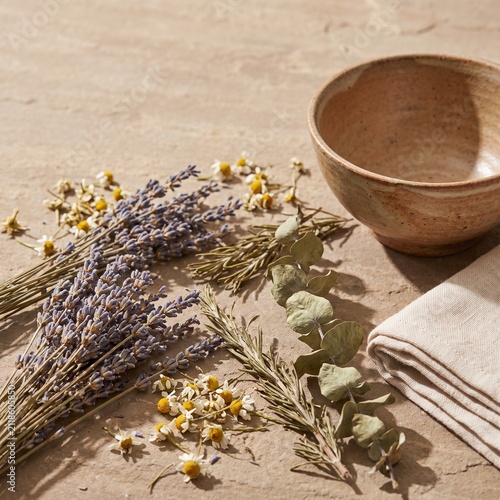 Dried lavender bundles and chamomile flowers with linen towel and bowl, lavender