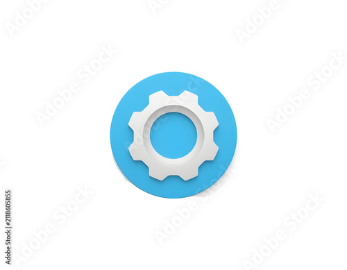 White gear icon centered on a bright blue circular button for computer settings menus and digital interface design software projects