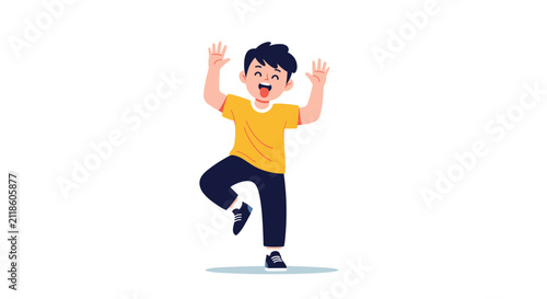 Playful young boy in a yellow t-shirt and blue pants dances and makes a funny face by sticking his tongue out with arms raised.