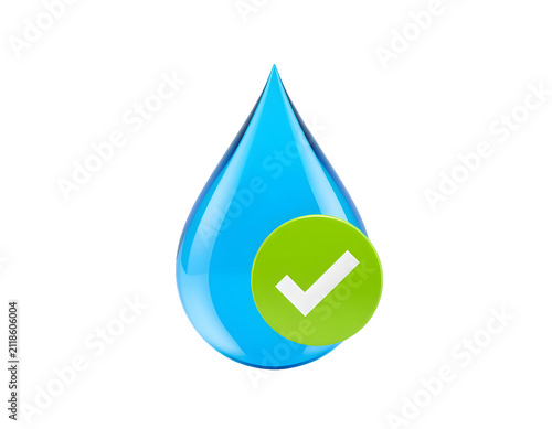 Glossy blue water drop icon featuring a vibrant green circle with a white checkmark symbol for quality testing validation concepts