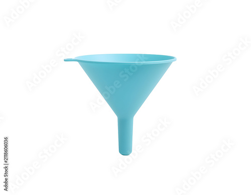 Light blue plastic kitchen funnel isolated on a clean white background representing simple liquid transfer tools for home cooking utility