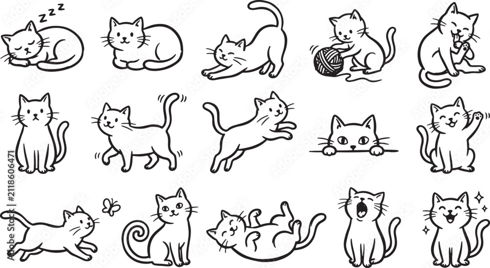 Fototapeta premium Cute cat doodles collection in different playful poses
