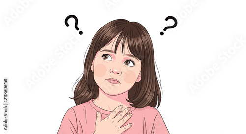 Portrait of a young girl looking upwards with a confused expression and two black question marks above her head.