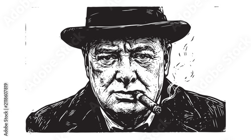 Cuadro en lienzo Statesman Woodcut Portrait with Cigar in High Contrast Monochrome