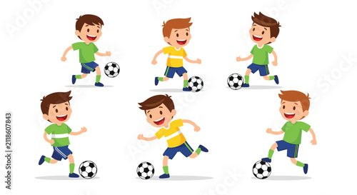 Active young boy demonstrates various soccer playing skills including dribbling, running, and kicking a football.