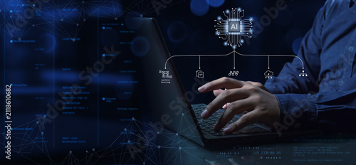 A businessman using agent AI, artificial intelligence, machine learning, and business data analytics to set a strategy