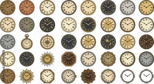 Vintage Clock Face Vector Pack with Retro Pocket Watch Dials and Antique Roman Numeral Frames for Decorative Timepiece Graphic Design Projects