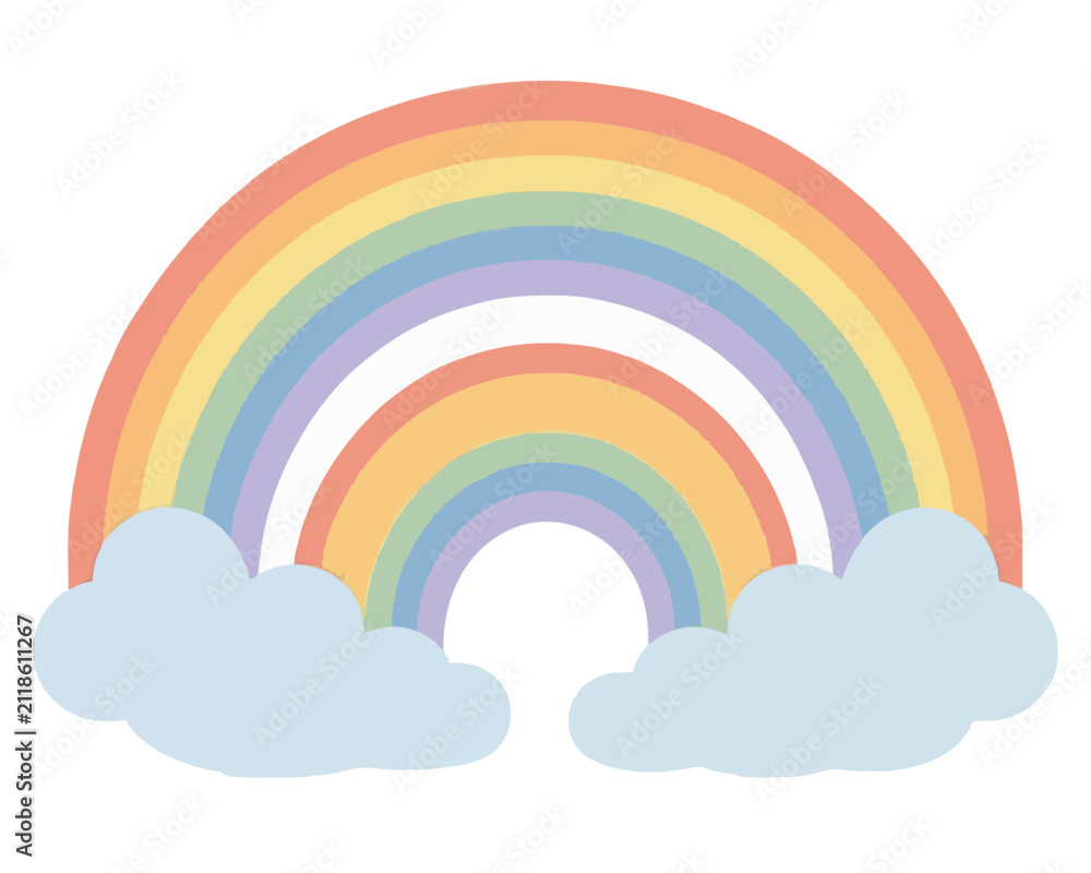 Fototapeta premium Hand-traced vector illustration of a pastel double rainbow arching gracefully over soft fluffy clouds, featuring gentle multicolored stripes in soothing rainbow hues, perfect for weather and nature