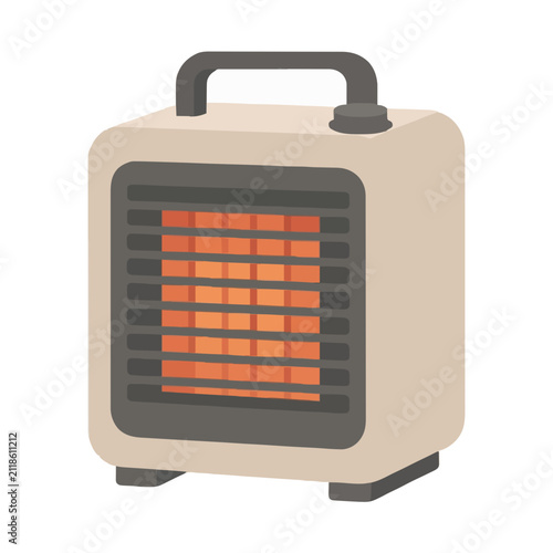 Hand-drawn flat vector icon illustration of a compact portable boxy space heater with glowing orange heating coils, sturdy top handle, control knob, and small feet, isolated on white background for