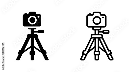 Foto Camera on tripod solid and outline icon set with photography