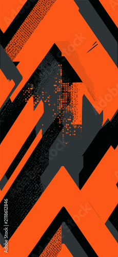 Vibrant orange and black abstract geometric pattern with grunge textures and dots. Abstract neon orange dynamic zigzag seamless pattern background
